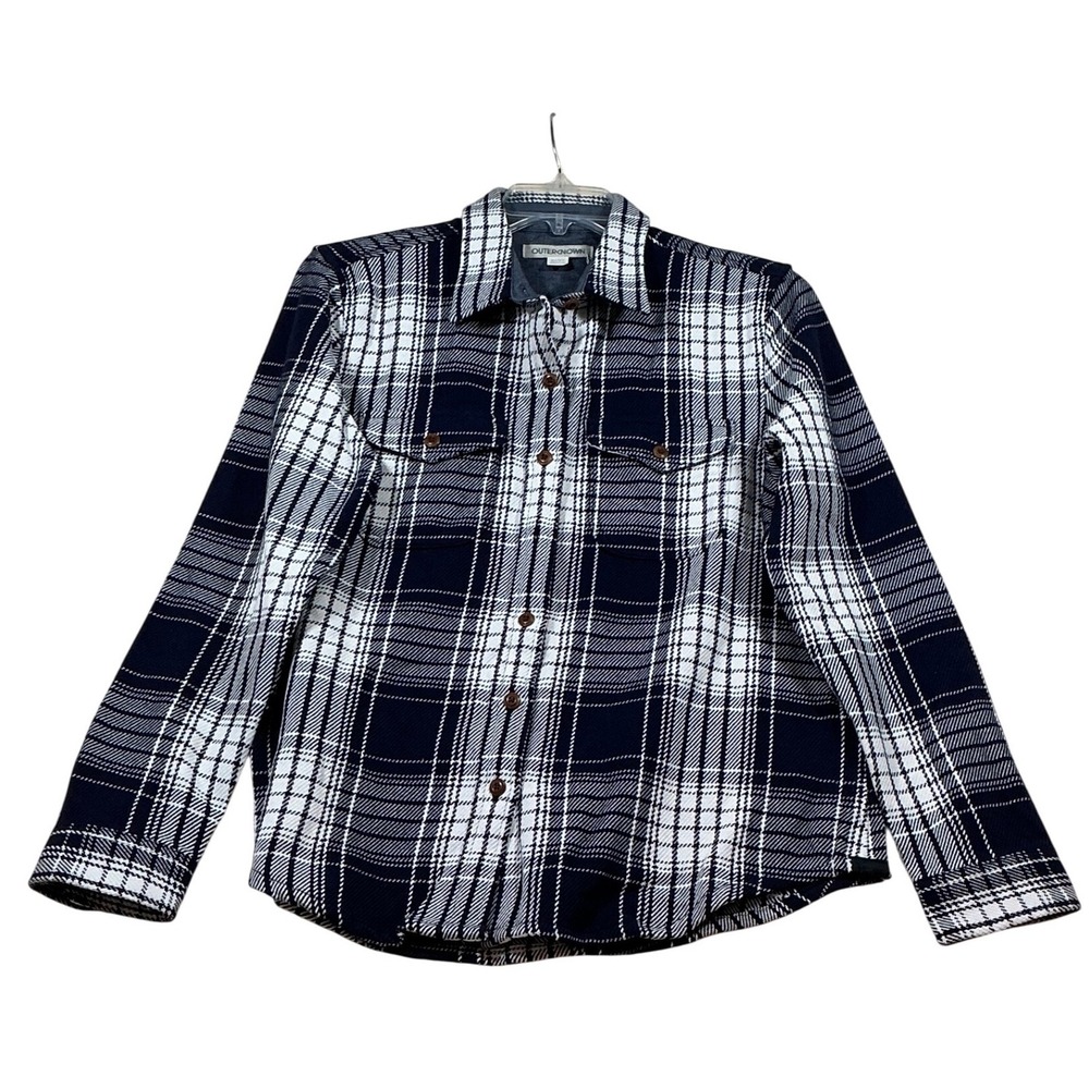 Outerknown Blanket Shirt Mens Medium Navy White Plaid Organic Cotton Flannel